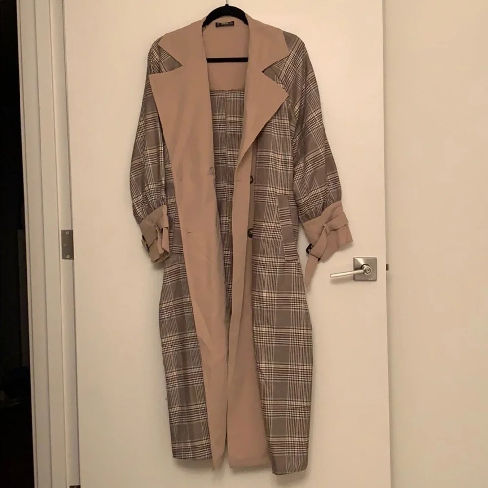 Tan plaid trench coat